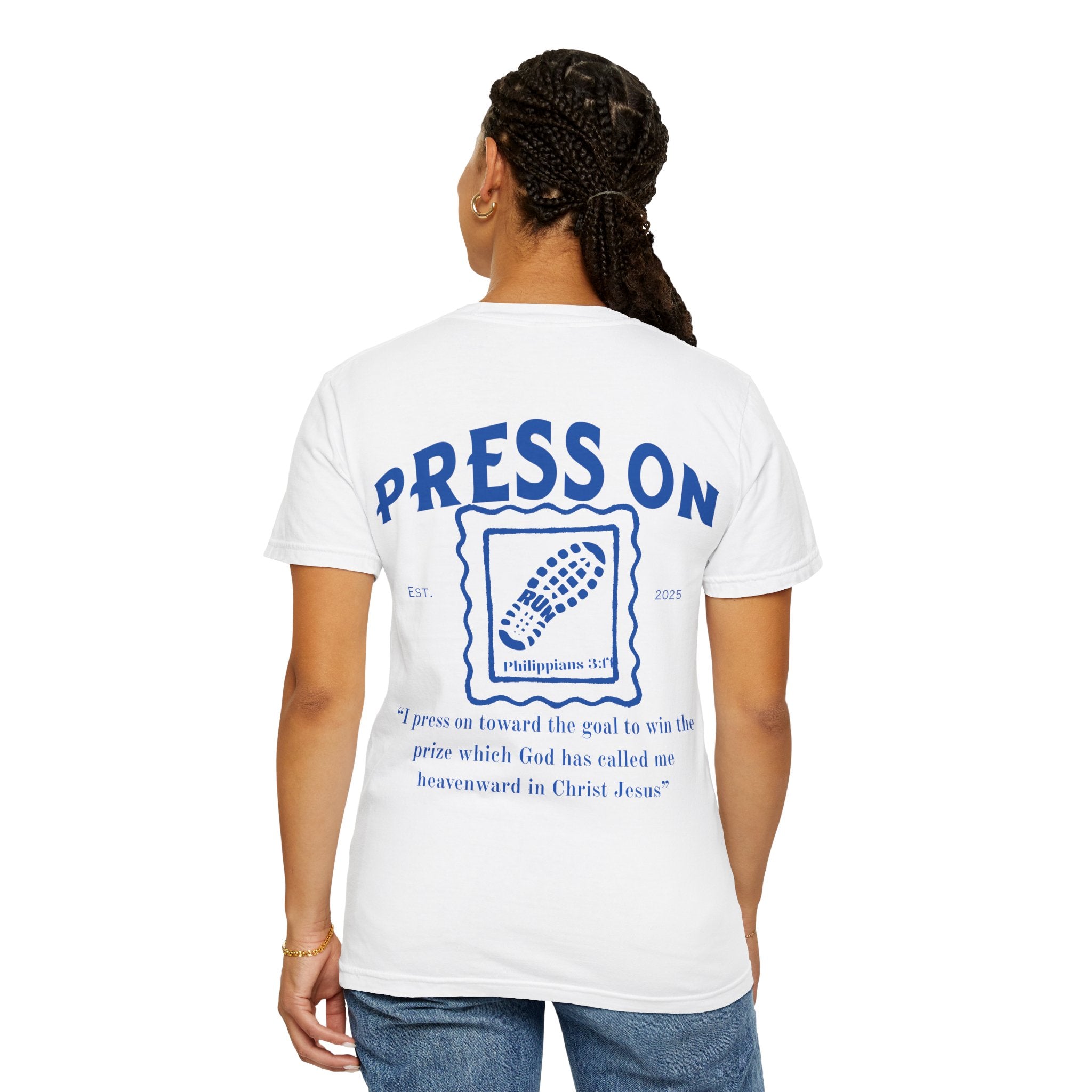 Press On Philippians 3:14 Comfort Tee| Postage Design