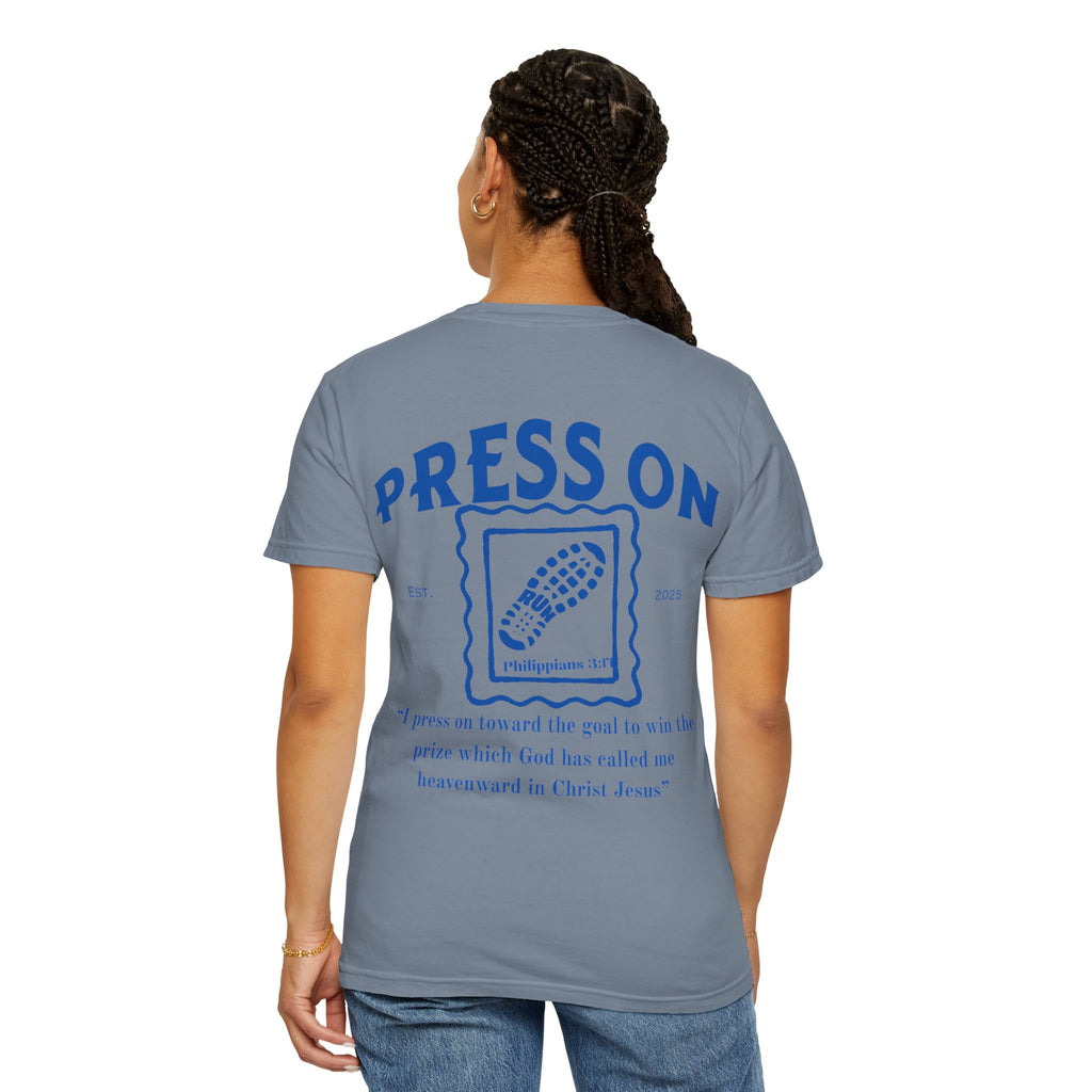 Press On Philippians 3:14 Comfort Tee| Postage Design