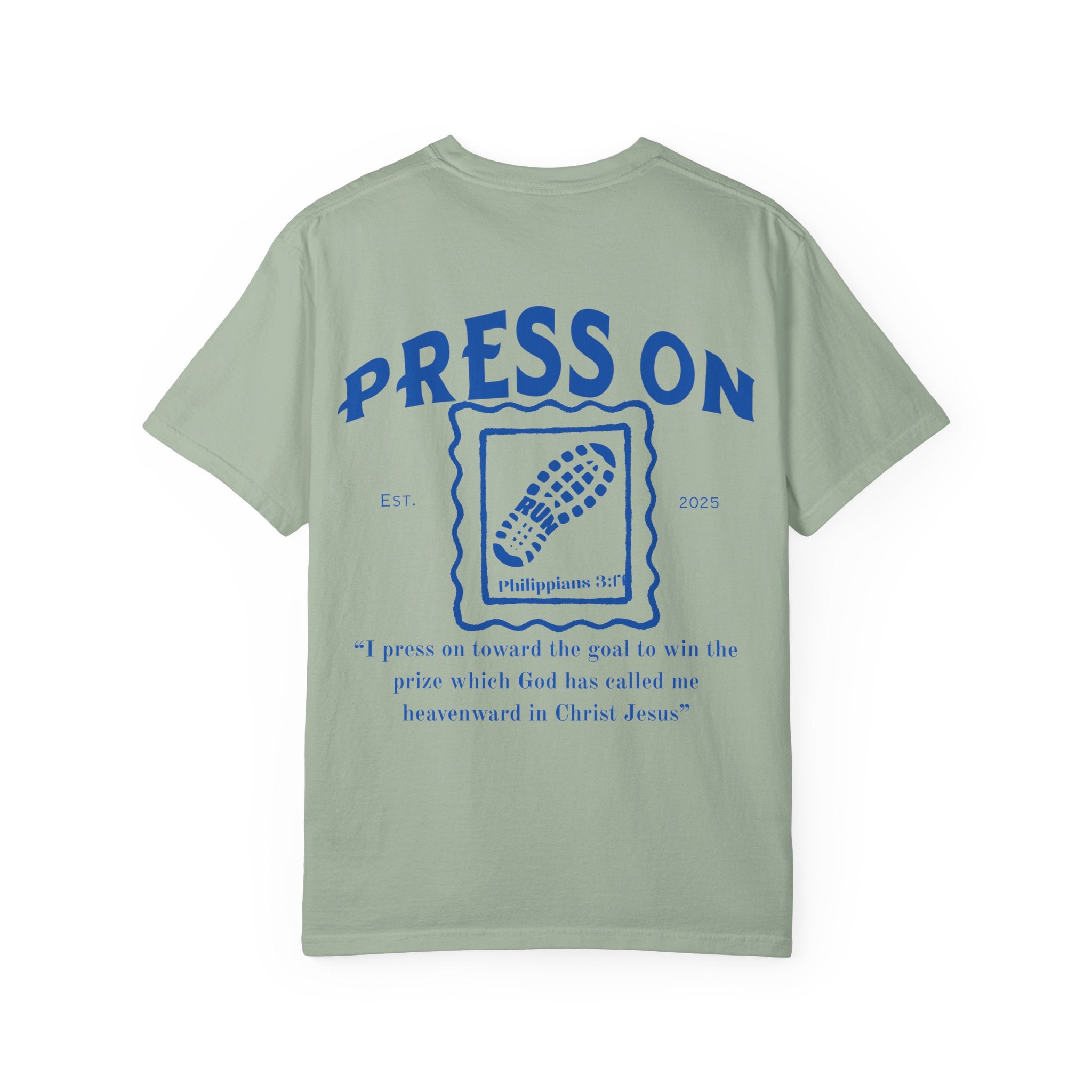 Press On Philippians 3:14 Comfort Tee| Postage Design