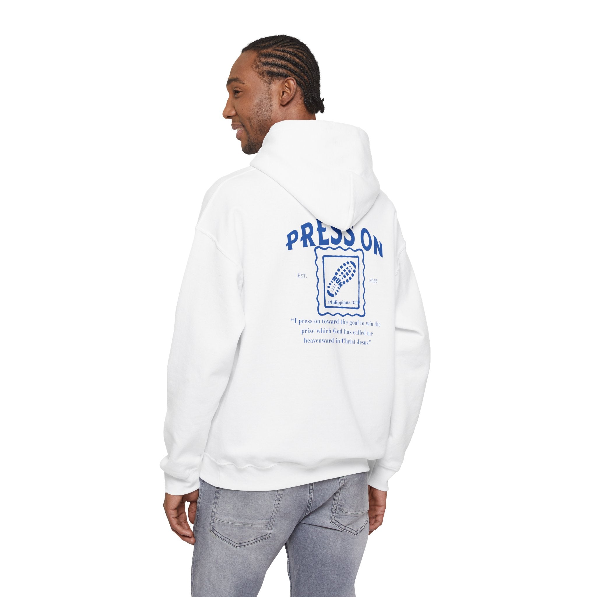 “Press On” Hoodie with Philippians 3:14 Design